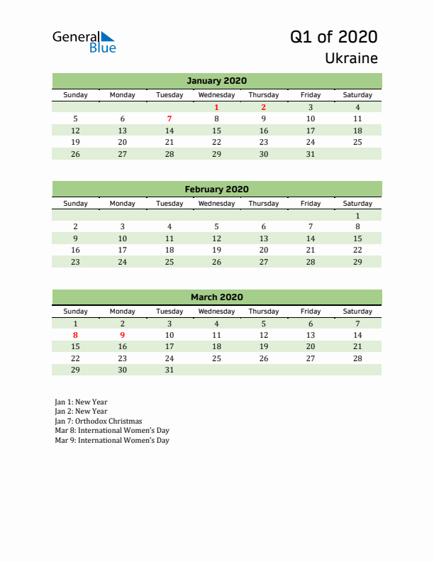 Quarterly Calendar 2020 with Ukraine Holidays