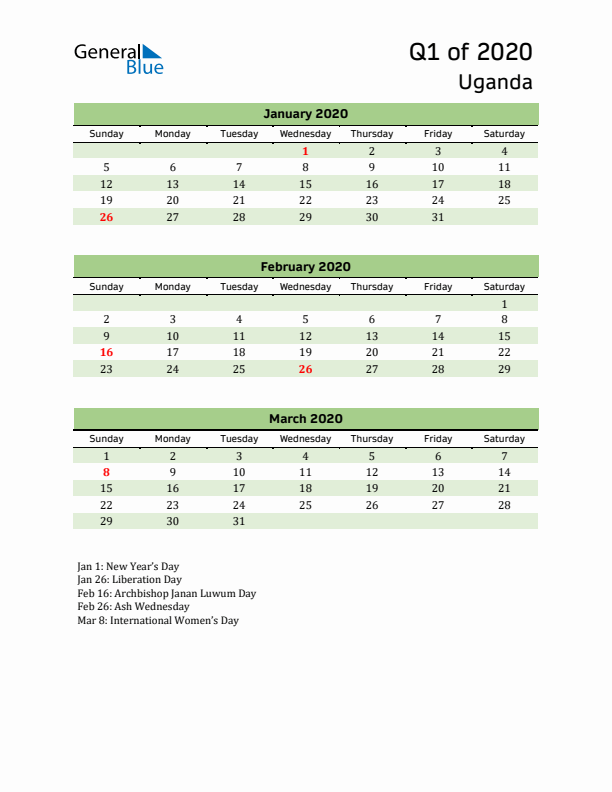 Quarterly Calendar 2020 with Uganda Holidays