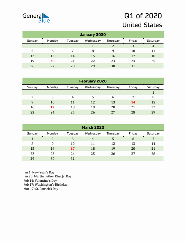 Quarterly Calendar 2020 with United States Holidays