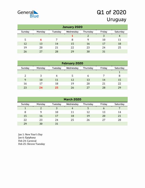 Quarterly Calendar 2020 with Uruguay Holidays