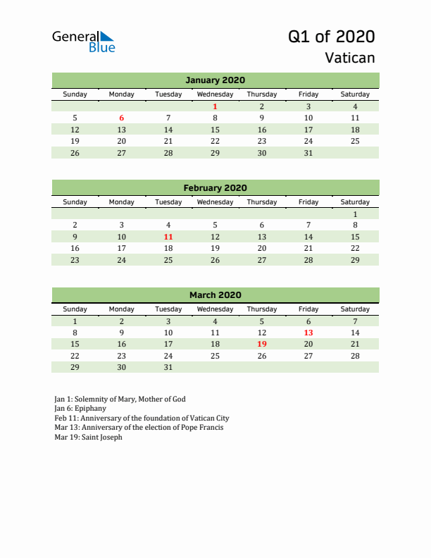 Quarterly Calendar 2020 with Vatican Holidays