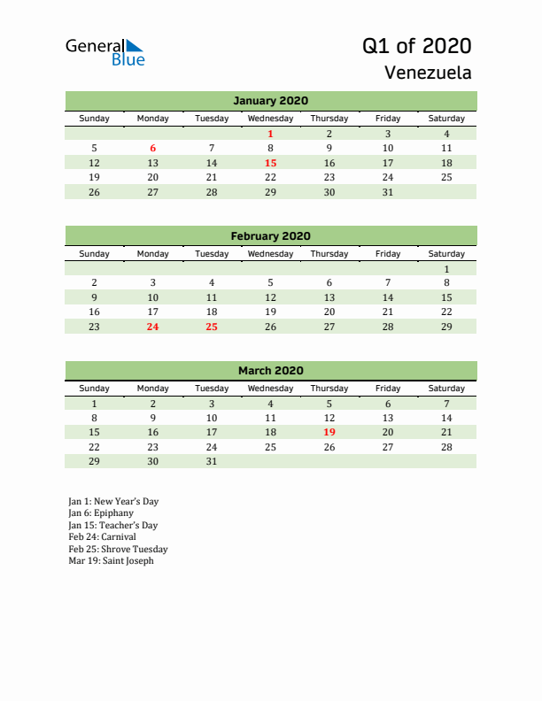 Quarterly Calendar 2020 with Venezuela Holidays