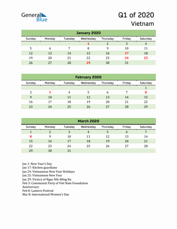 Quarterly Calendar 2020 with Vietnam Holidays