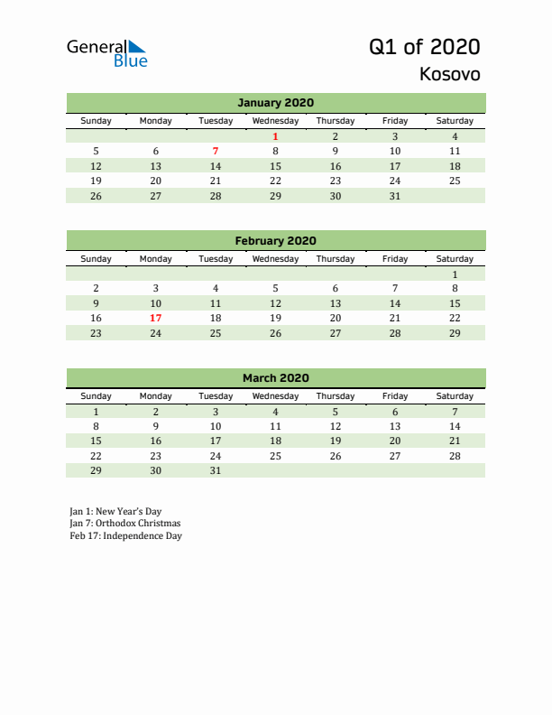 Quarterly Calendar 2020 with Kosovo Holidays