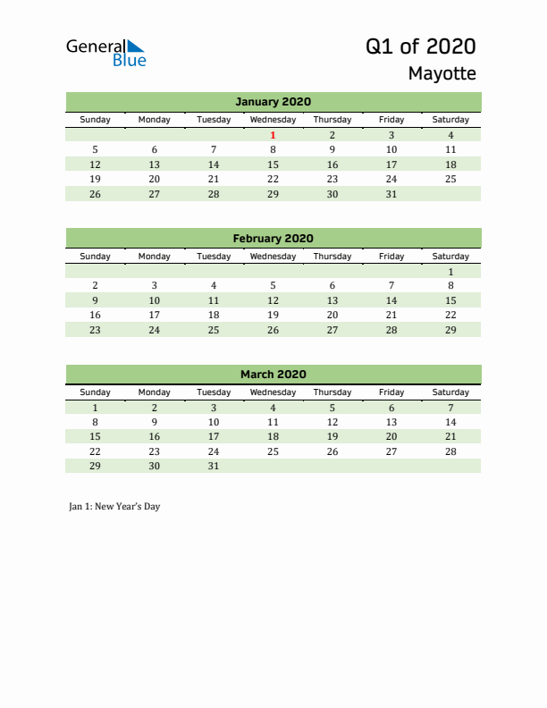 Quarterly Calendar 2020 with Mayotte Holidays