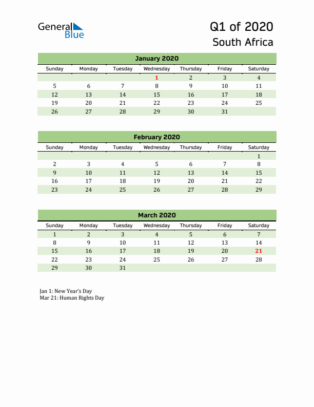 Quarterly Calendar 2020 with South Africa Holidays