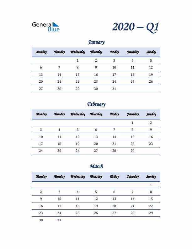 Monday Start 2020 Quarterly Calendar