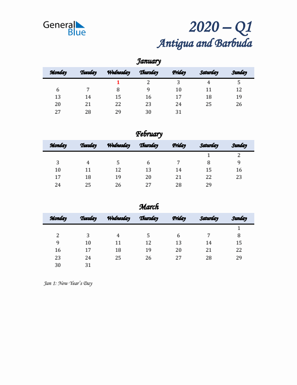 January, February, and March Calendar for Antigua and Barbuda with Monday Start