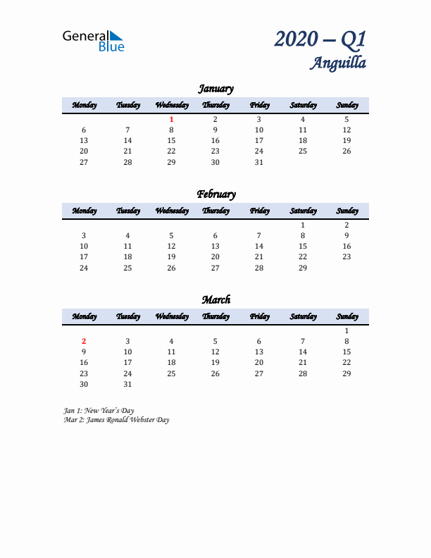 January, February, and March Calendar for Anguilla with Monday Start