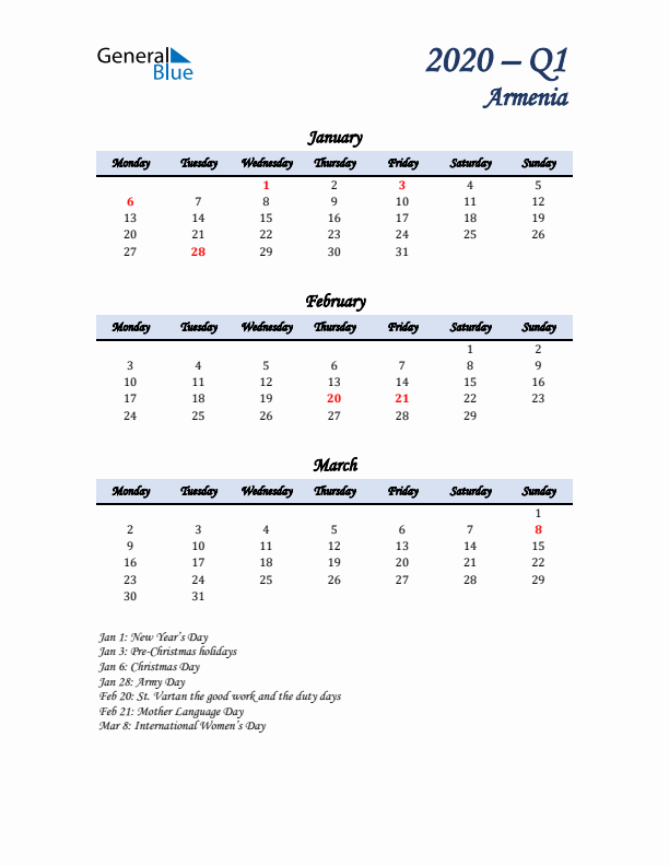 January, February, and March Calendar for Armenia with Monday Start