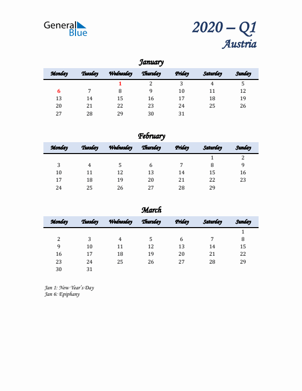 January, February, and March Calendar for Austria with Monday Start