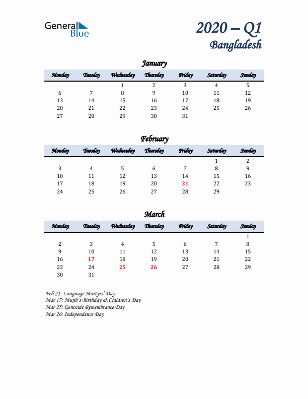 January, February, and March Calendar for Bangladesh with Monday Start