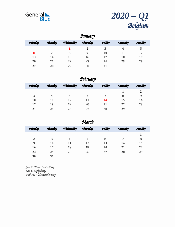 January, February, and March Calendar for Belgium with Monday Start