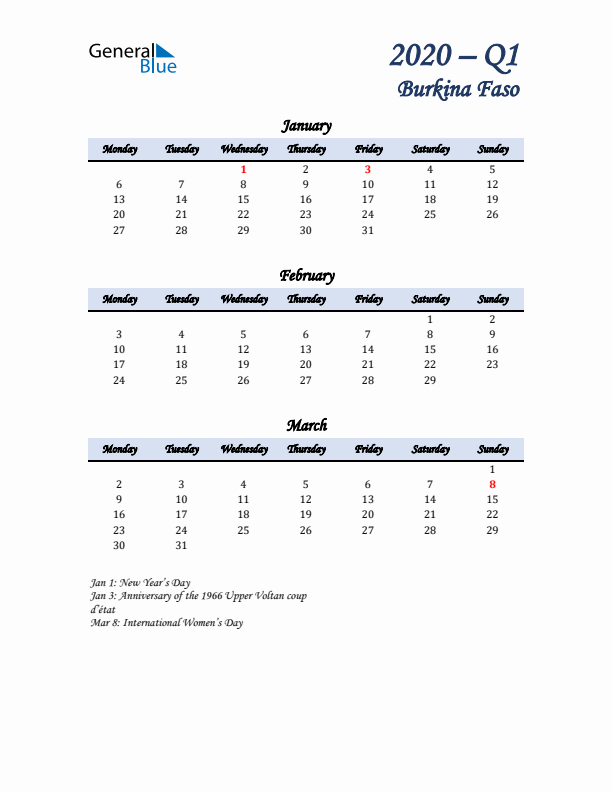 January, February, and March Calendar for Burkina Faso with Monday Start
