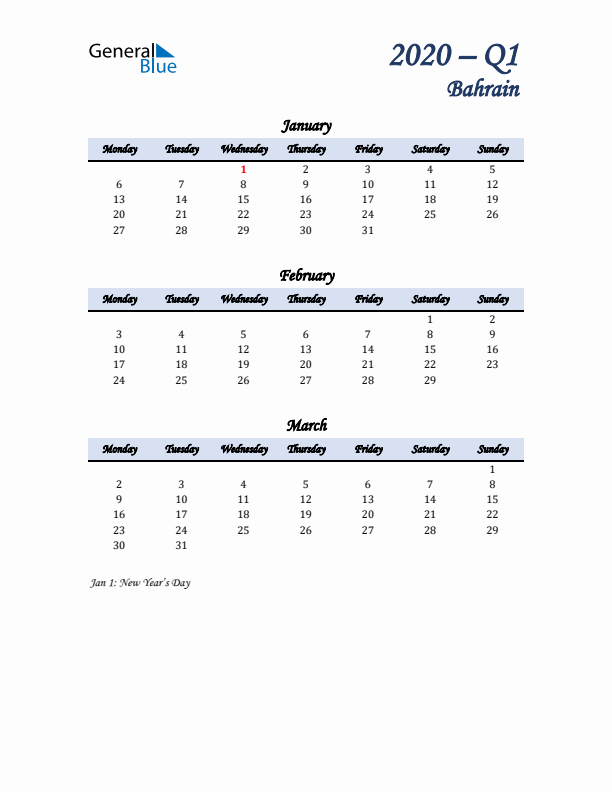 January, February, and March Calendar for Bahrain with Monday Start