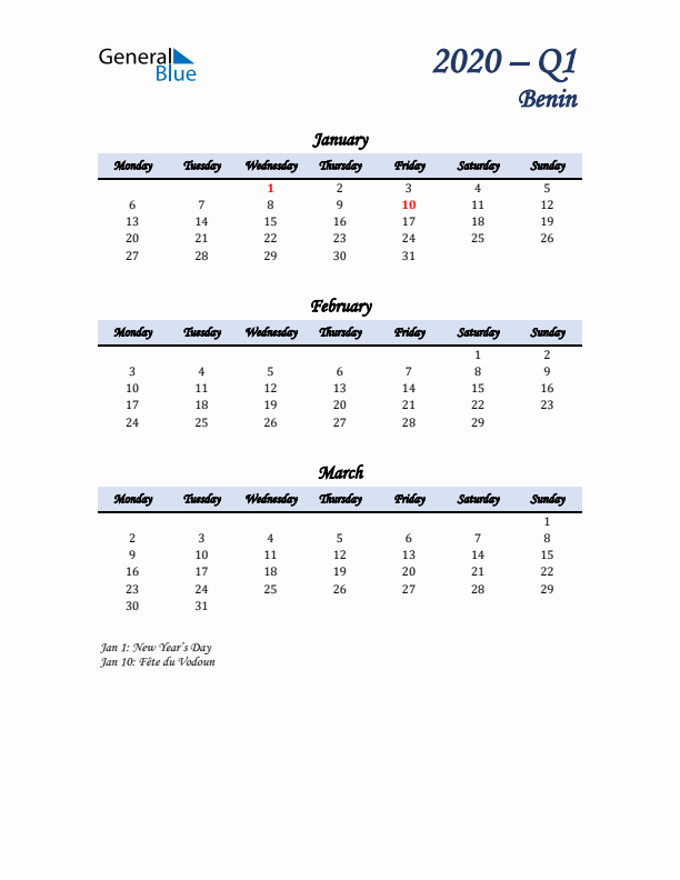 January, February, and March Calendar for Benin with Monday Start