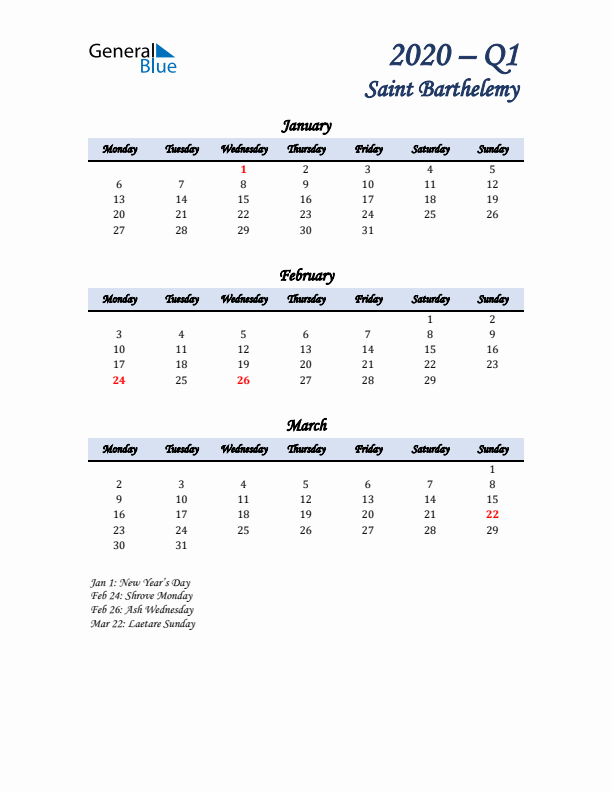 January, February, and March Calendar for Saint Barthelemy with Monday Start