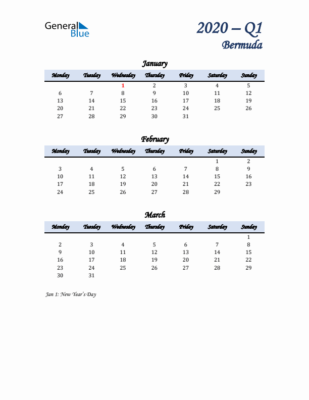 January, February, and March Calendar for Bermuda with Monday Start