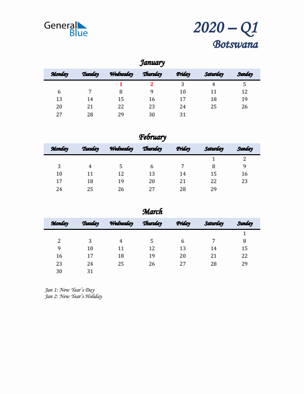 January, February, and March Calendar for Botswana with Monday Start