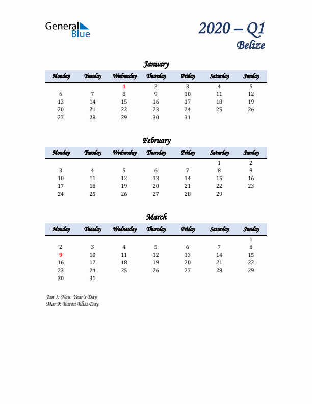 January, February, and March Calendar for Belize with Monday Start