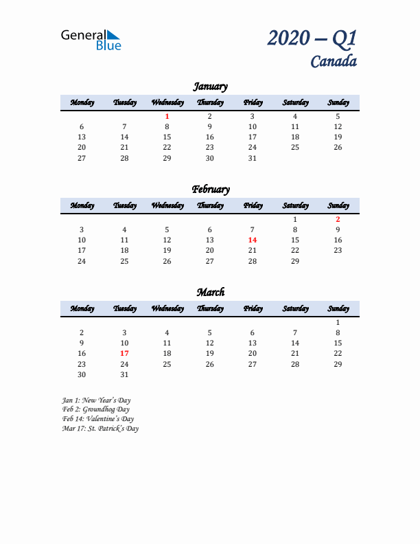 January, February, and March Calendar for Canada with Monday Start