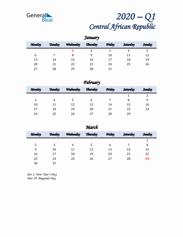 January, February, and March Calendar for Central African Republic with Monday Start