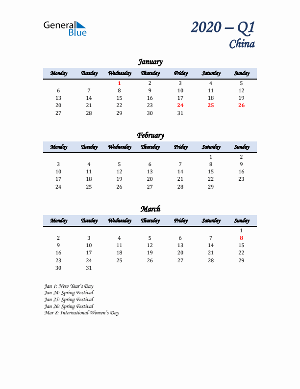 January, February, and March Calendar for China with Monday Start