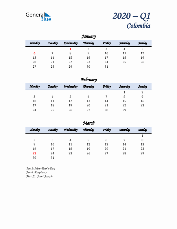 January, February, and March Calendar for Colombia with Monday Start