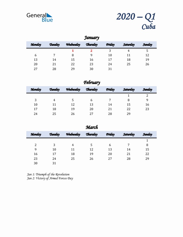 January, February, and March Calendar for Cuba with Monday Start