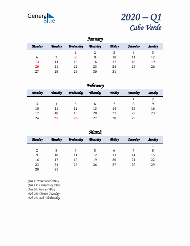 January, February, and March Calendar for Cabo Verde with Monday Start