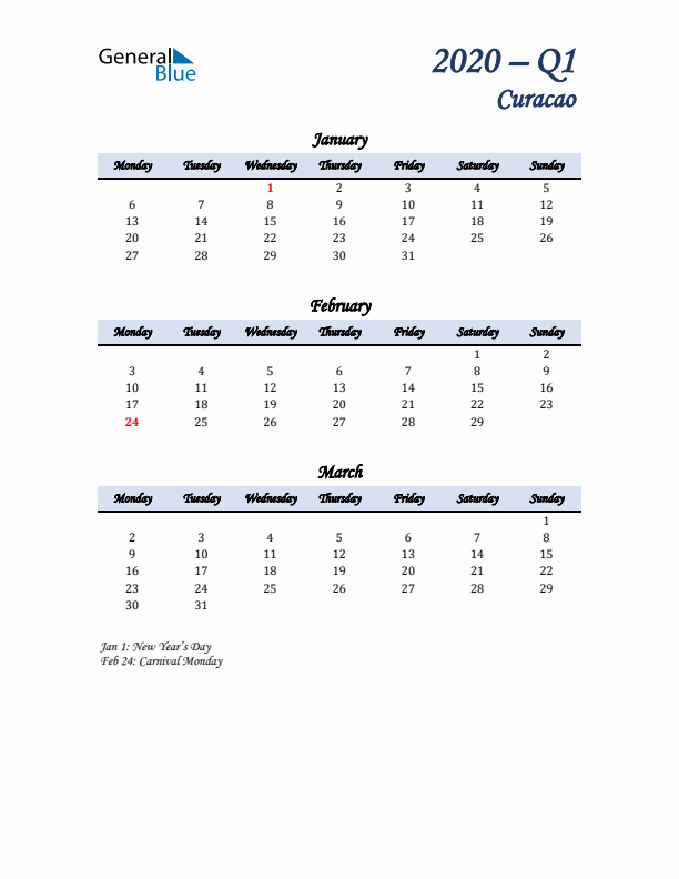 January, February, and March Calendar for Curacao with Monday Start