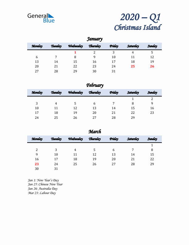 January, February, and March Calendar for Christmas Island with Monday Start