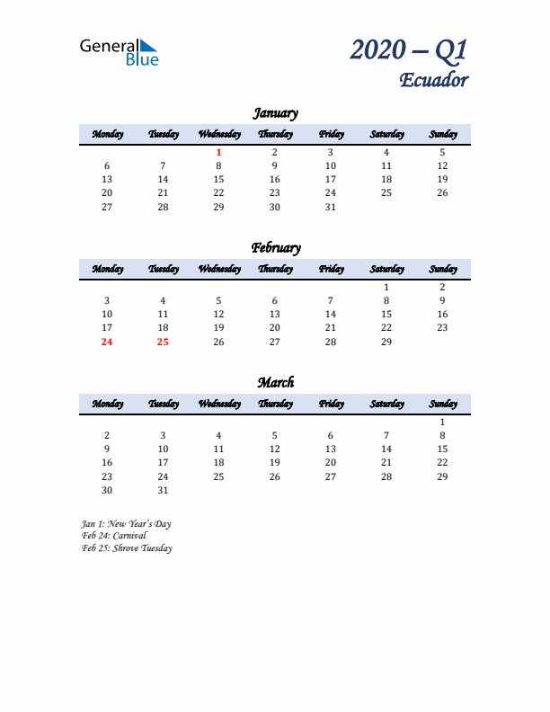 January, February, and March Calendar for Ecuador with Monday Start