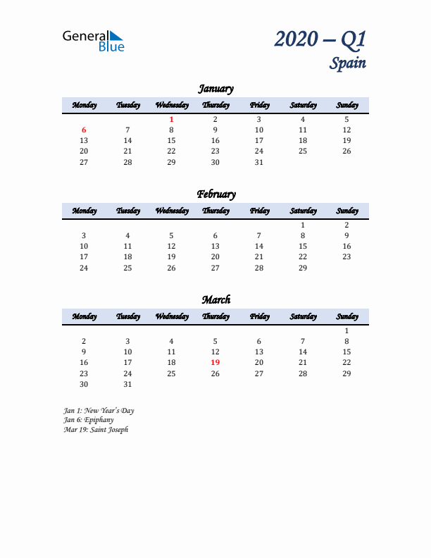 January, February, and March Calendar for Spain with Monday Start