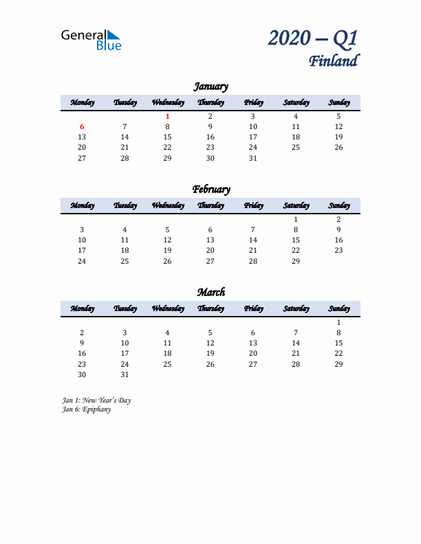 January, February, and March Calendar for Finland with Monday Start