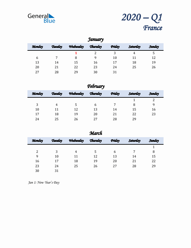 January, February, and March Calendar for France with Monday Start