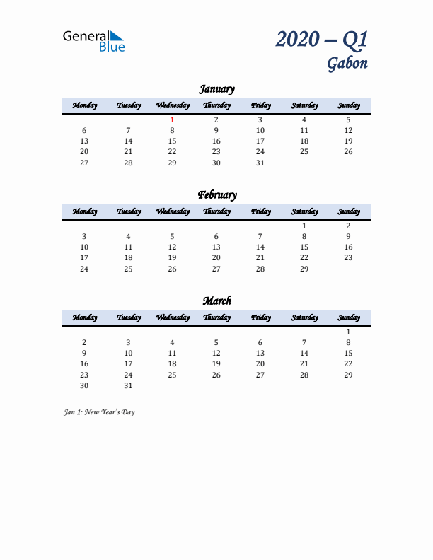 January, February, and March Calendar for Gabon with Monday Start