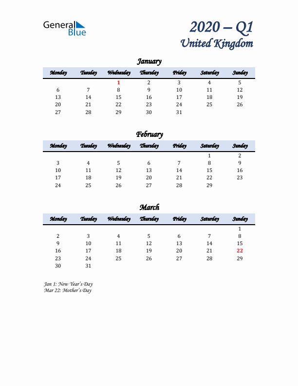 January, February, and March Calendar for United Kingdom with Monday Start