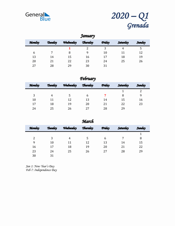 January, February, and March Calendar for Grenada with Monday Start