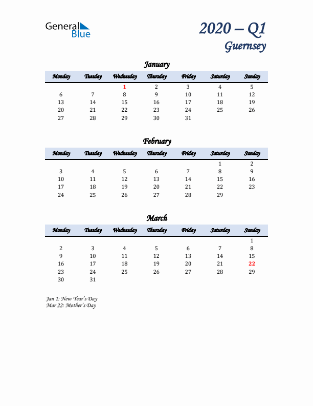 January, February, and March Calendar for Guernsey with Monday Start