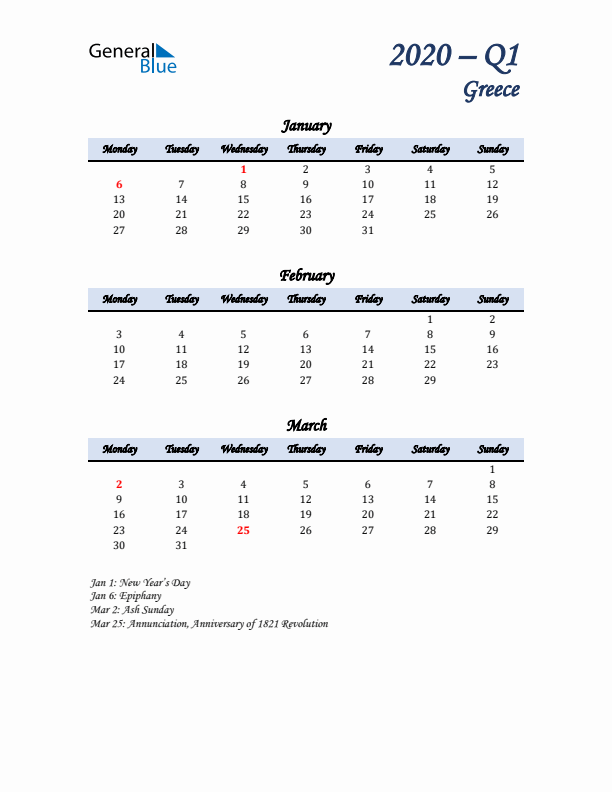 January, February, and March Calendar for Greece with Monday Start