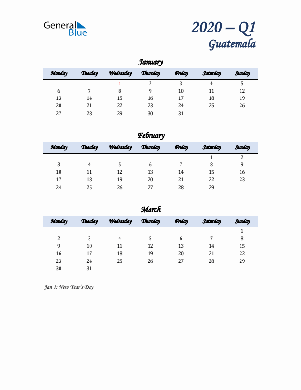 January, February, and March Calendar for Guatemala with Monday Start