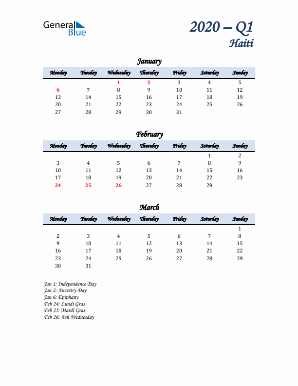 January, February, and March Calendar for Haiti with Monday Start