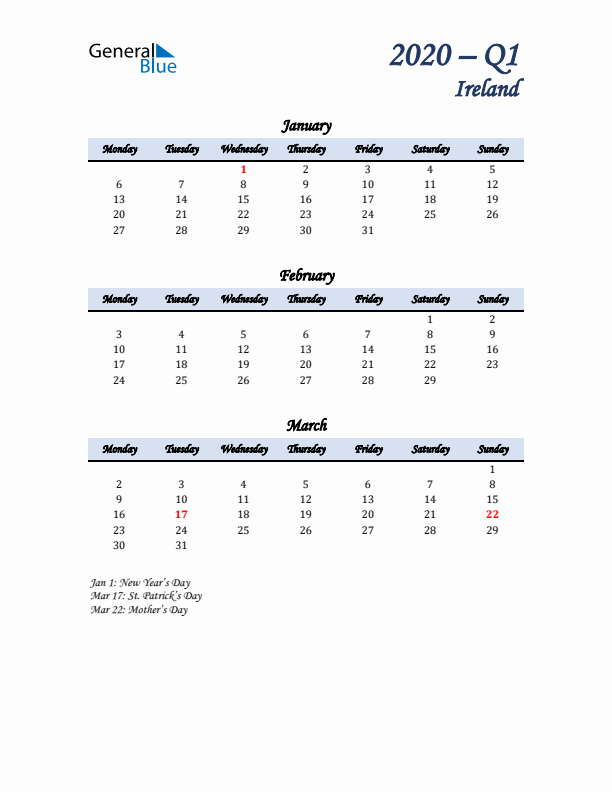 January, February, and March Calendar for Ireland with Monday Start