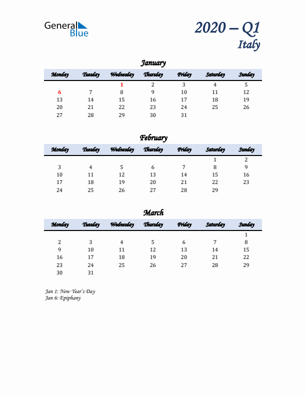 January, February, and March Calendar for Italy with Monday Start