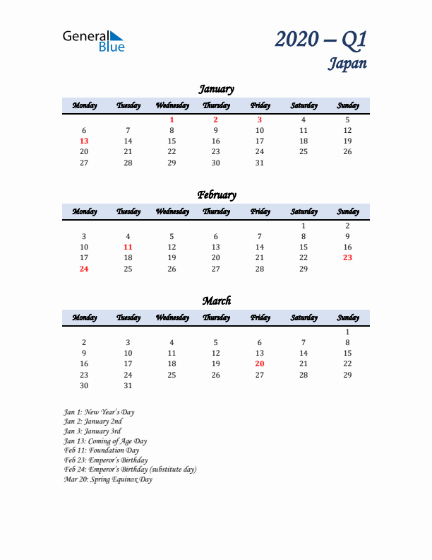 January, February, and March Calendar for Japan with Monday Start