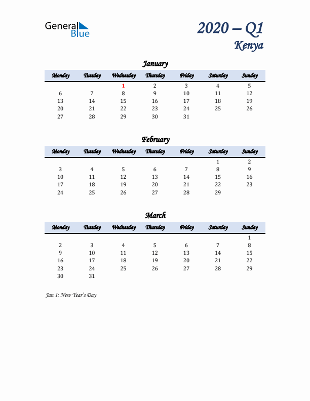 January, February, and March Calendar for Kenya with Monday Start