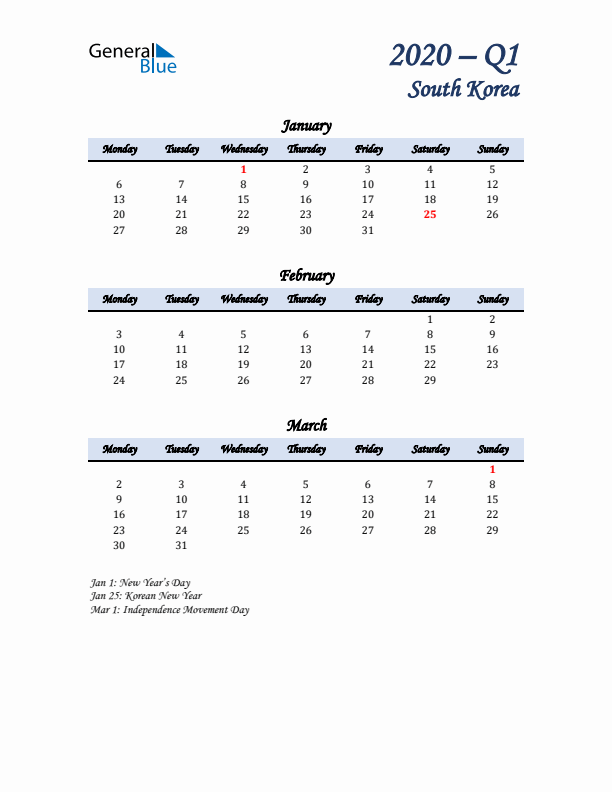 January, February, and March Calendar for South Korea with Monday Start