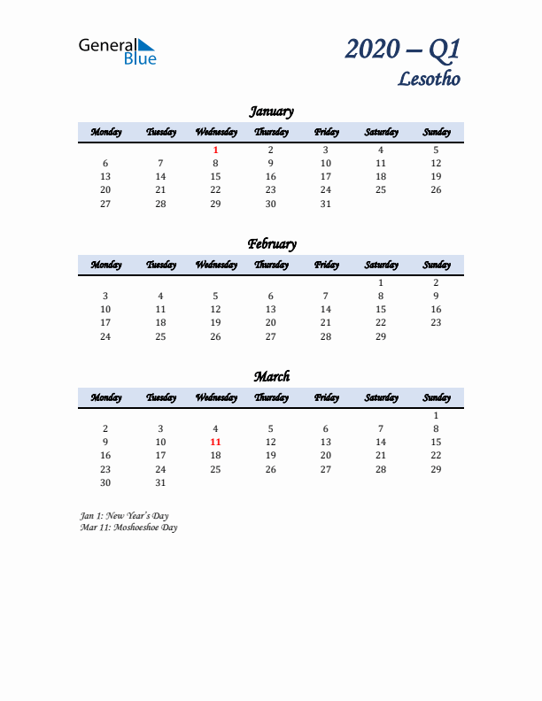 January, February, and March Calendar for Lesotho with Monday Start