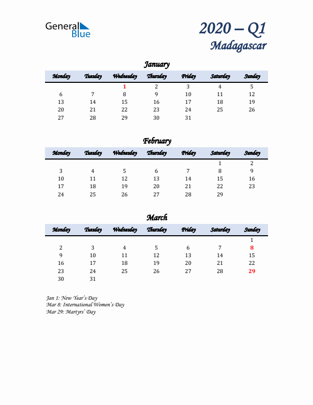 January, February, and March Calendar for Madagascar with Monday Start